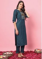 Blue Blended Cotton Embroidered Trendy Salwar Kameez