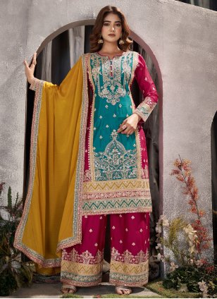 Blue Chinon Embroidered Palazzo Salwar Suit