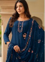 Blue Chinon Embroidered Trendy Salwar Suits