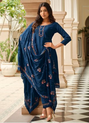 Blue Chinon Embroidered Trendy Salwar Suits