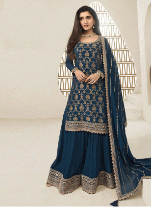 Blue Chinon Embroidered Women's Salwar suit