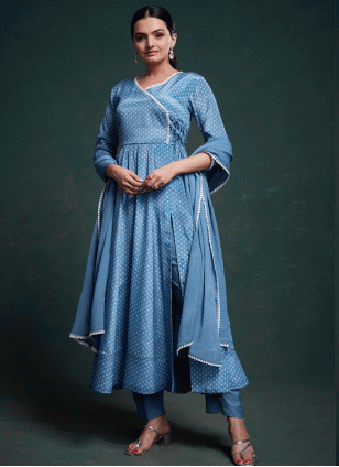 Blue Chinon Printed Women's Salwar suit