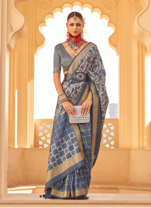 Blue color Silk Traditional Saree with Printed work