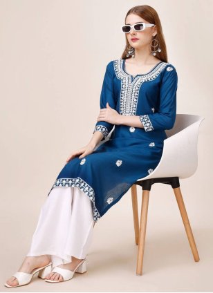 Blue Cotton  Embroidered Casual Kurti
