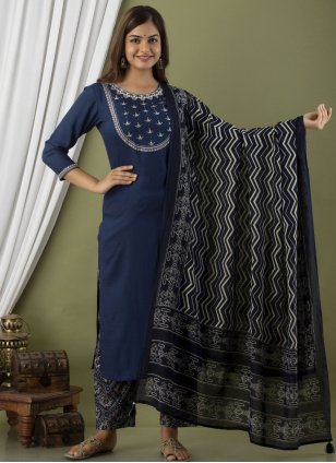 Blue Cotton  Embroidered Readymade Salwar Suits