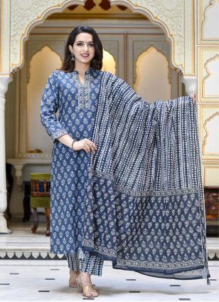 Blue Cotton  Printed Readymade Salwar Suits