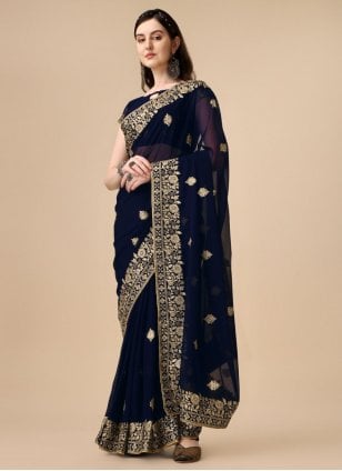 Blue Georgette Embroidered Designer Saree