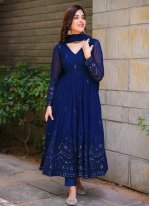 Blue Georgette Embroidered Trendy Salwar Suits