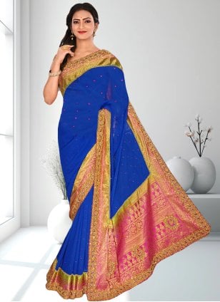 Blue Georgette Embroidered Trendy Saree