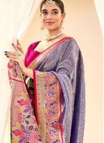 Blue Handloom Silk Jacquard Trendy Sari