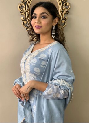 Blue Muslin Embroidered Trendy Salwar Kameez