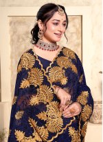 Blue Net Embroidered Trendy Sari