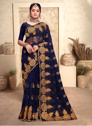 Blue Net Embroidered Trendy Sari