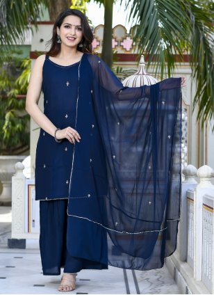 Blue Rayon Embroidered Readymade Salwar Suits