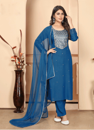 Blue Rayon Embroidered Women's Salwar suit