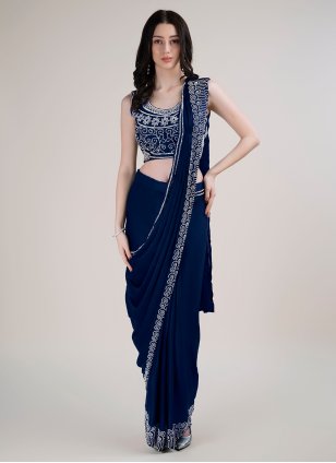 Blue Satin Beads Designer Sari