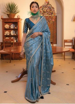Blue Satin Embroidered Classic Saree