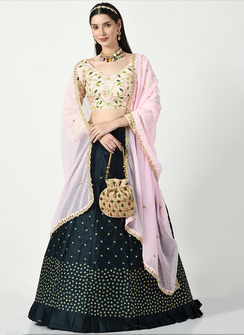 Embroidered Cotton Lehenga With Blouse And Dupatta-ISKWNAV22084991 |  Ishaanya Fashion