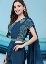 Blue Satin Embroidered Trendy Sari