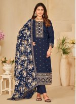 Blue Silk Embroidered Pant Style Suit