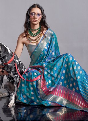 
                            Blue Silk Woven Classic Saree