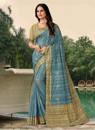 Blue Tussar Silk Katha Contemporary Sari