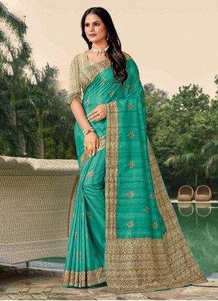 Blue Tussar Silk Katha Trendy Sari