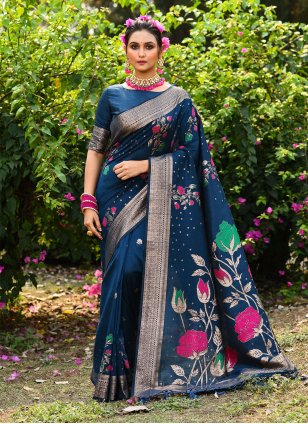 Blue Tussar Silk Meena Contemporary Sari