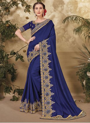 Blue Vichitra Silk Embroidered Contemporary Sari