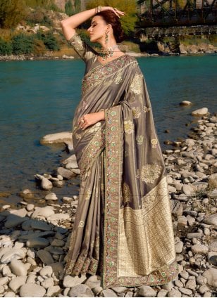 Brown Banarasi Silk Embroidered Contemporary Sari