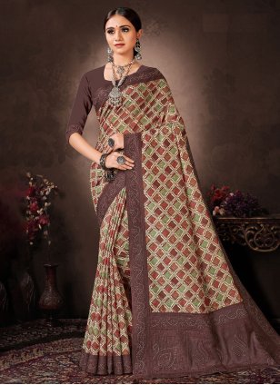 Brown Chanderi Digital Print Classic Sari