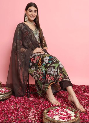 Brown Georgette Embroidered Readymade Salwar Kameez