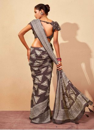 Brown Georgette Foil Print Designer Sari