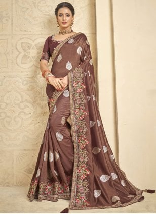 Brown Khaddar Embroidered Trendy Sari