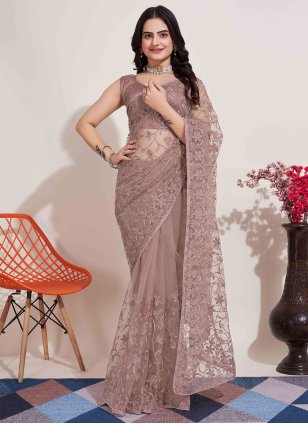 Brown Net Embroidered Designer Sari