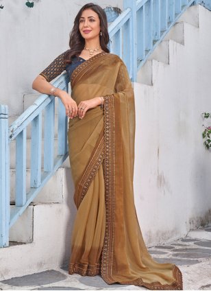 Brown Shimmer Embroidered Contemporary Sari