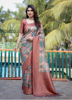 Brown Silk Digital Print Classic Sari