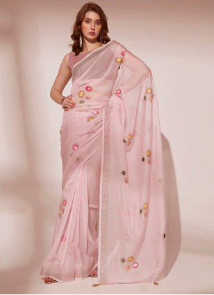 Capricious Pink Fancy Work work Traditional Saree