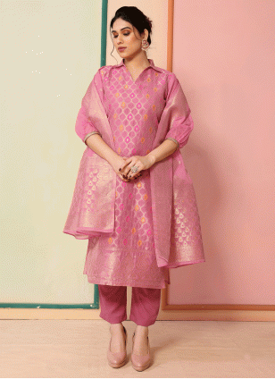 Chanderi Woven Salwar suit in Pink
