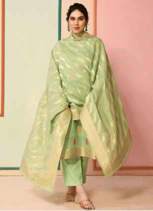 Chanderi Woven Salwar suit in Pista green
