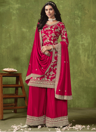 Chinon Embroidered Palazzo Salwar Suit in Pink