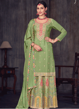 Chinon Embroidered Sharara Salwar Kameez in Pista green