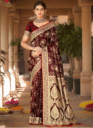 color Satin Traditional Saree with Weaving work