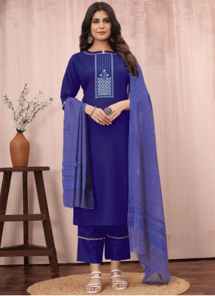 Cotton  Embroidered Readymade Salwar Suits in Blue