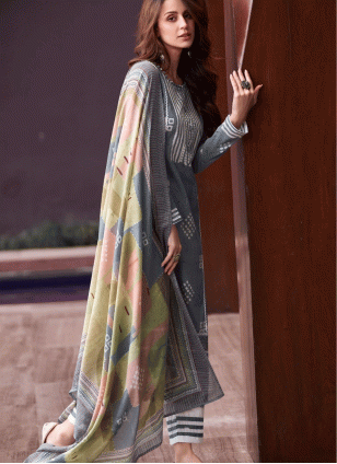 Cotton  Embroidered Salwar suit in Grey