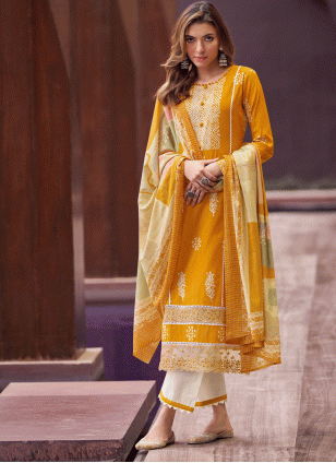 Cotton  Embroidered Salwar suit in Yellow