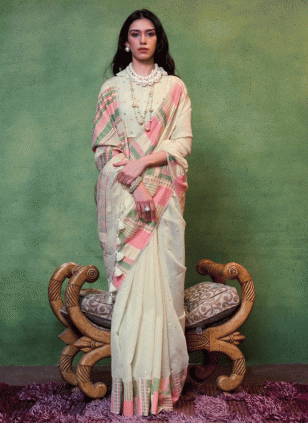 Cream and Pink color Traditional Saree with Weaving work