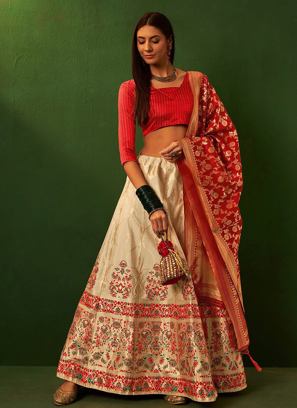 Cream and Red Silk Embroidered A - Line Lehenga
