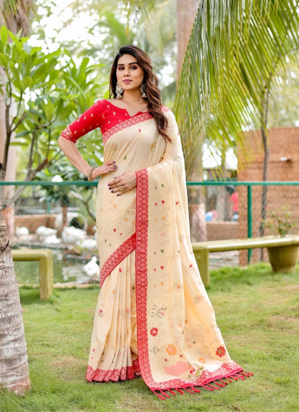 Cream Color Organza Embroidered Saree