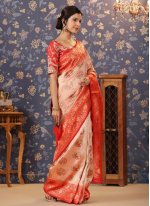 Cream Banarasi Silk Embroidered Classic Sari